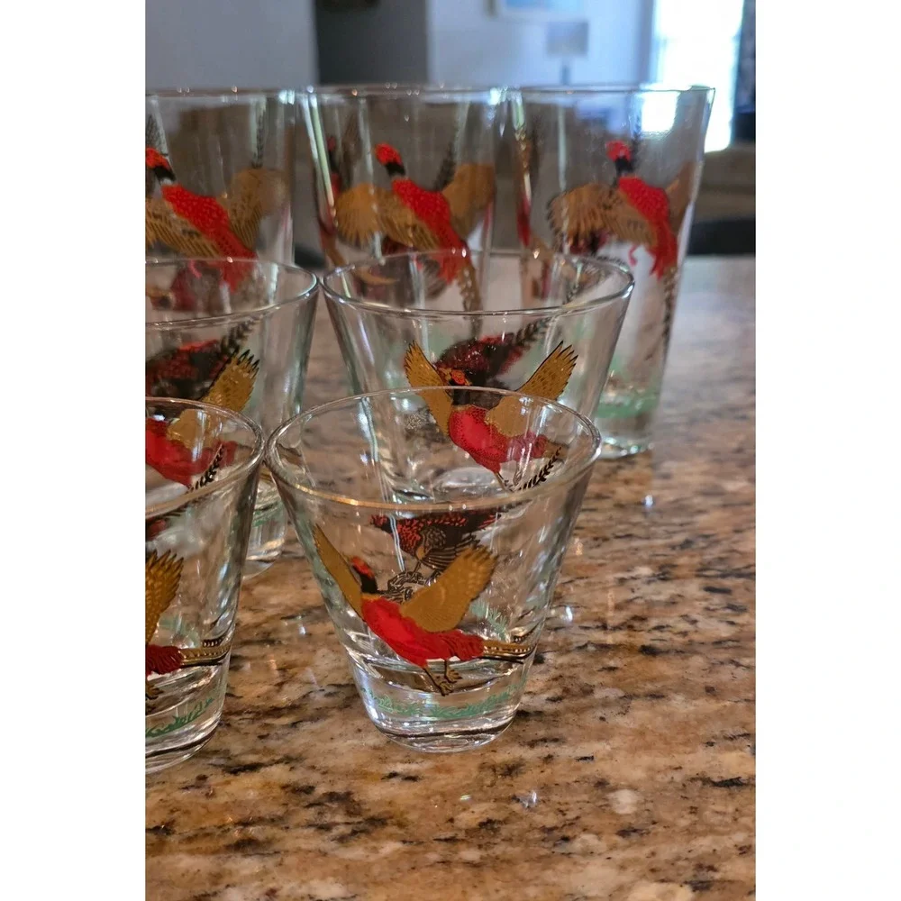 Vintage Pheasant Glassware Set 12pc Ice Bucket Highball Rocks Shot Glasses MCM